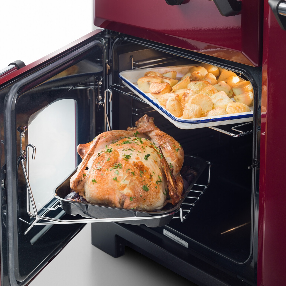 RangemasterClassic90-AllGas-Cranberry-HandyRack Rangemaster Classic 90 All Gas Range Cooker in Cranberry with Chrome Trim - Handy Rack Detail