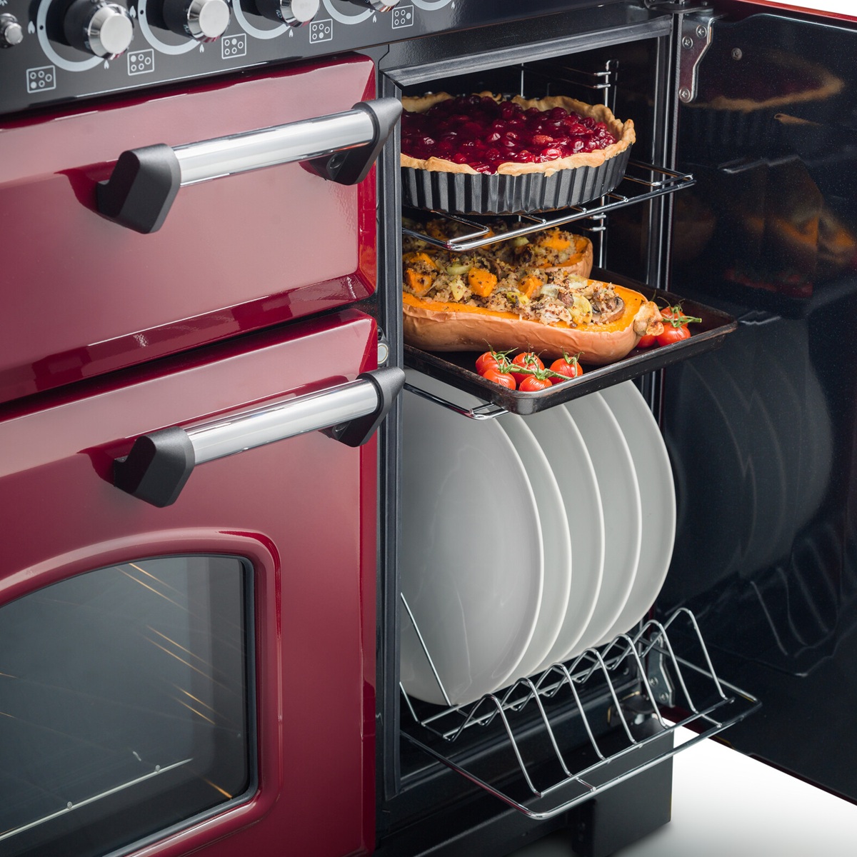 RangemasterClassic90-AllGas-Cranberry-TallOven Rangemaster Classic 90 All Gas Range Cooker in Cranberry with Chrome Trim - Tall Oven Detail