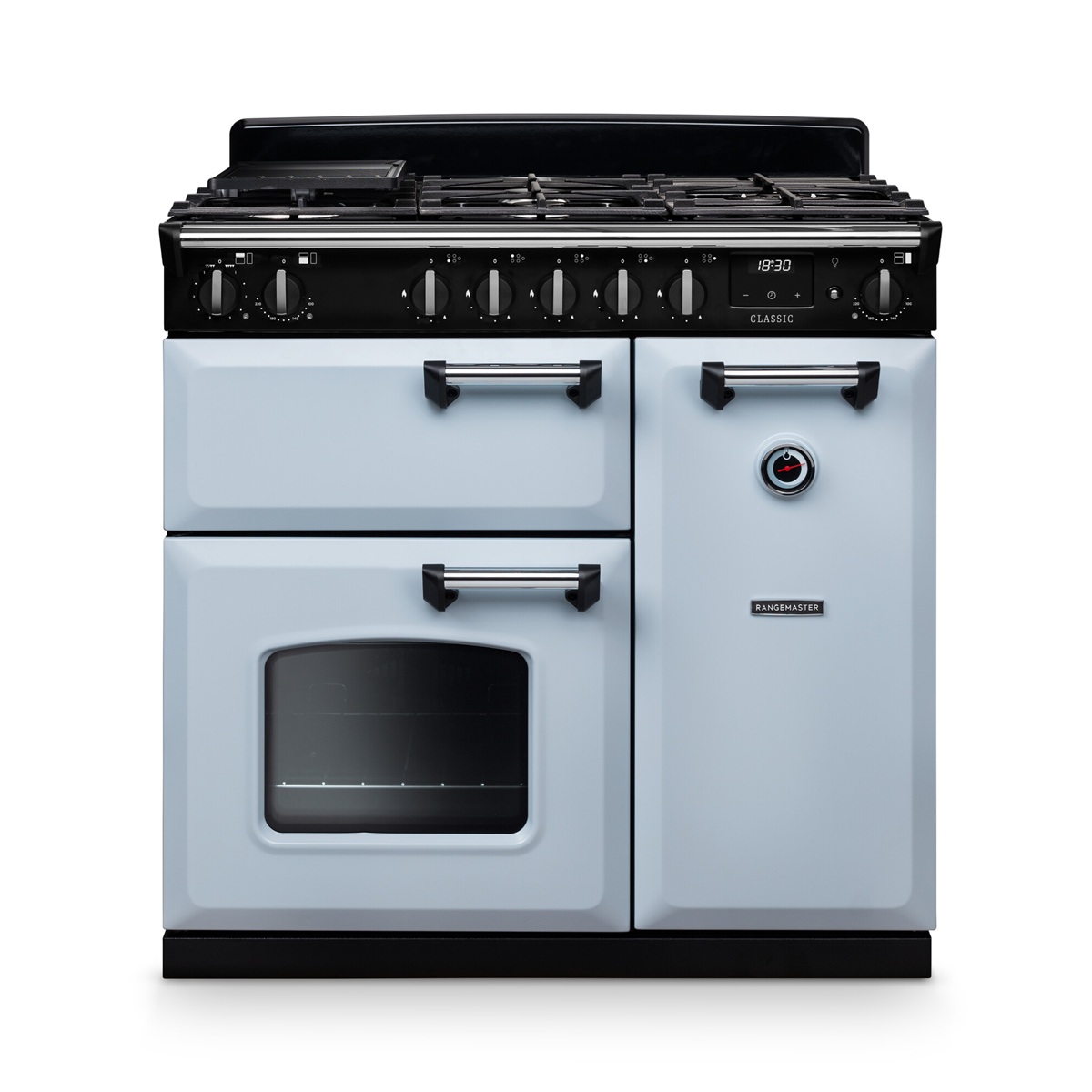 RangemasterClassic90-DF-MistyBlue Rangemaster Classic 90 Next-Generation Range Cooker - Misty Blue with Chrome Trim - Dual Fuel