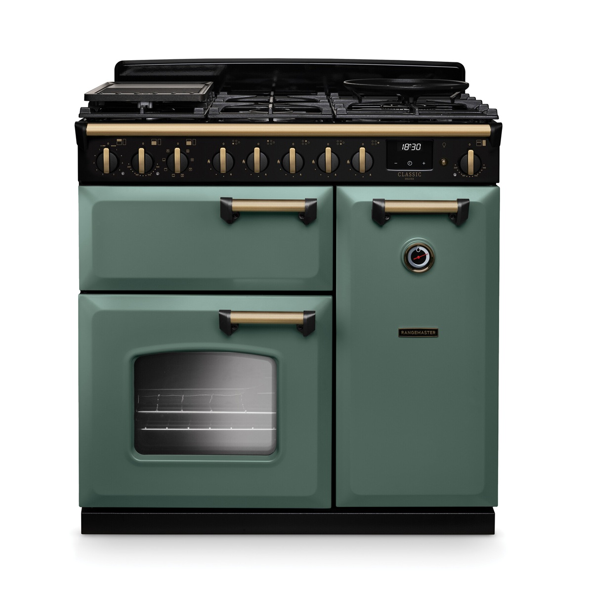 RangemasterClassicDeluxe90NGC-DF-MinGreenBrass Rangemaster Classic Deluxe 90 Next-Generation Range Cooker - Mineral Green with Antique Brass Trim - Dual Fuel