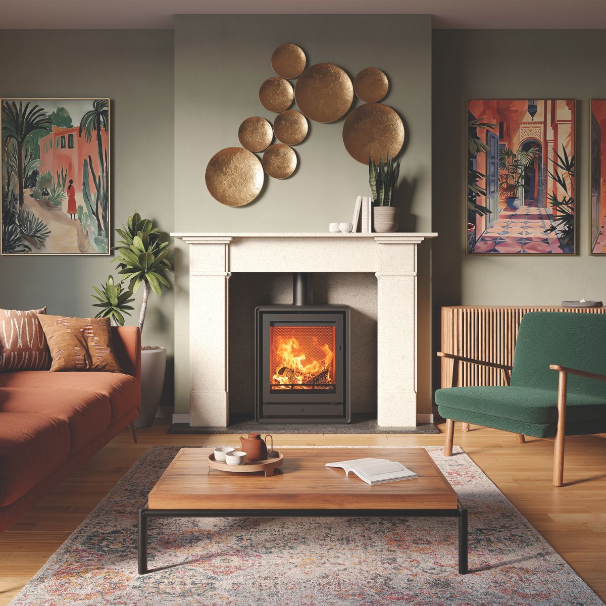 Riva255 riva2 55 freestanding woodburning stove under a mantelpiece