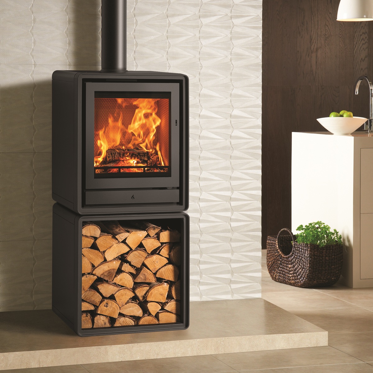 StovaxRiva255FreestandingonLogbox2 Stovax Riva2 55 Freestanding Wood-Burning Stove - Lifestyle Image Freestanding