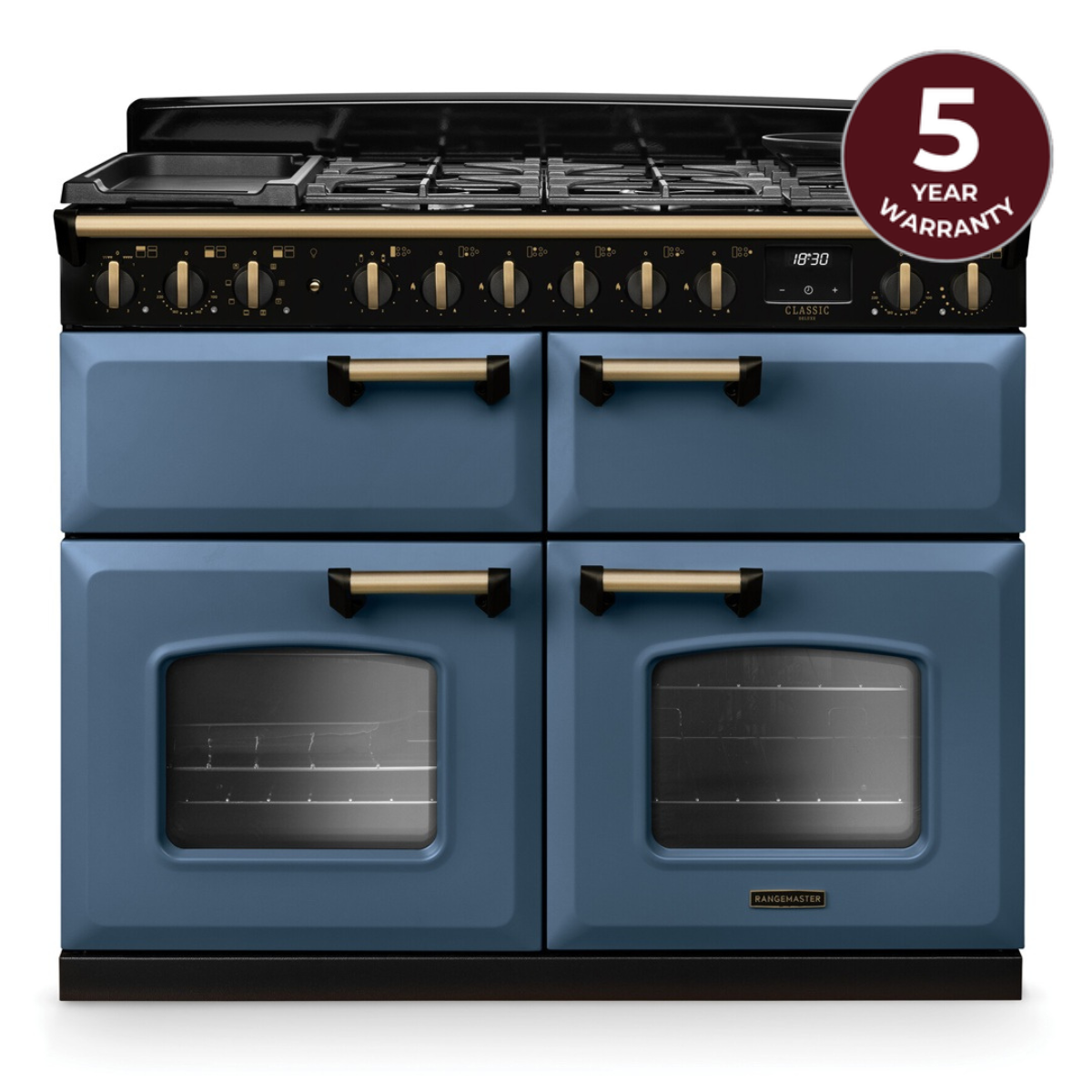 Rangemaster Classic Deluxe 110 Next-Generation Range Cooker - Stone Blue with Antique Brass Trim - Dual Fuel with Base Cavity Configuration