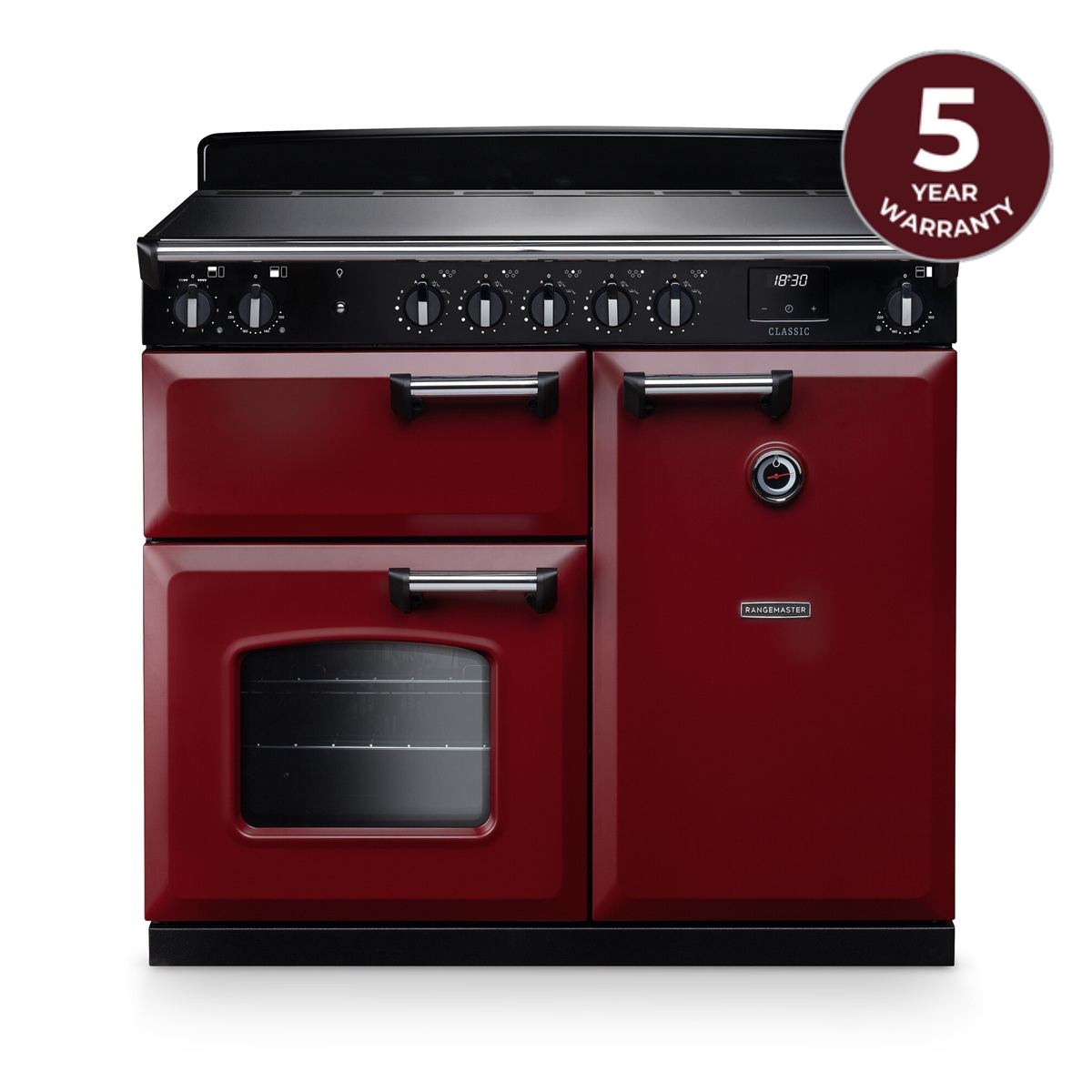 Rangemaster Classic 100 Next-Generation Range Cooker in Bordeaux with Chrome Trim