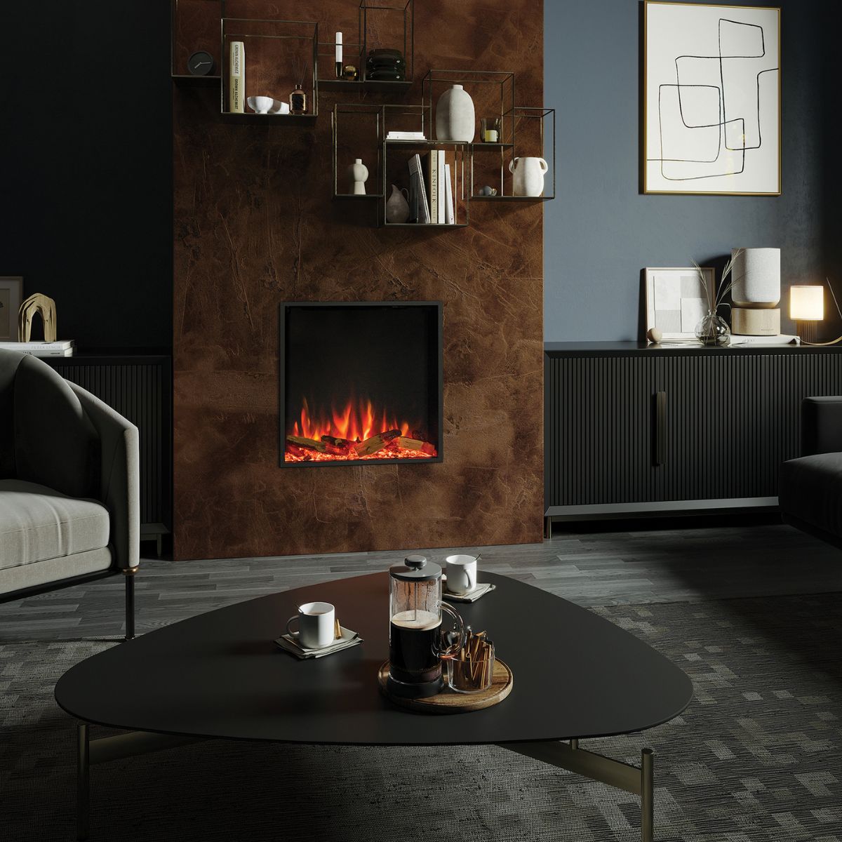 60R inset electric fire in dark panelled media wall