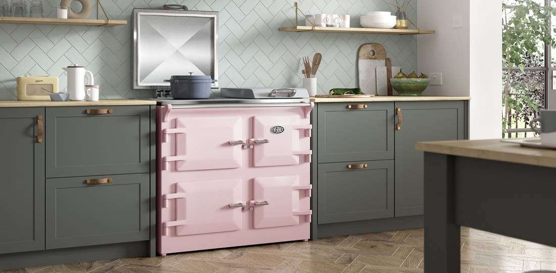 Everhot 100+ in Dusky Pink - Electric Range Cooker - Landscape lifestyle image in a stylish kitchen setting.