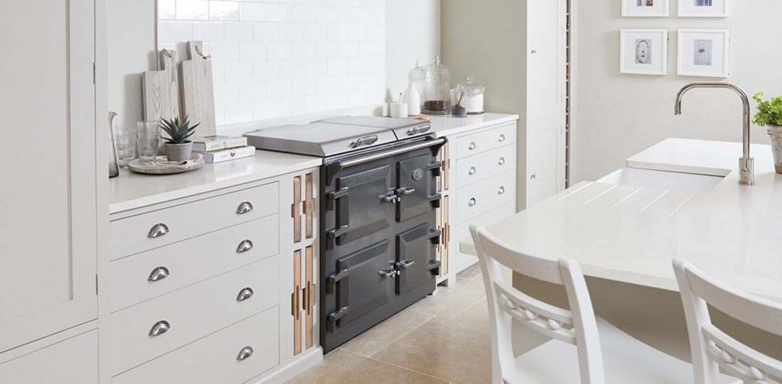 Everhot 100+ in Graphite - Electric Range Cooker - Landscape lifestyle image in a modern white kitchen.