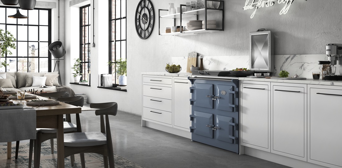 Everhot 100i in Dusky Blue - Electric Range Cooker - Landscape lifestyle image in a contemporary white kitchen setting.
