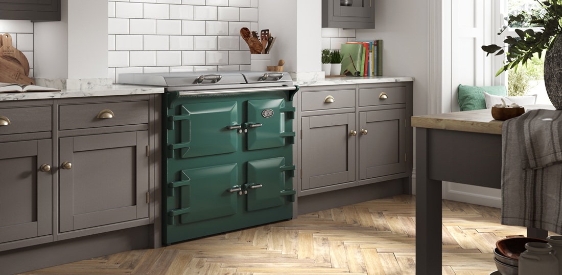 Everhot 100i in Forest Green - Electric Range Cooker - Landscape lifestyle image in a modern grey kitchen.