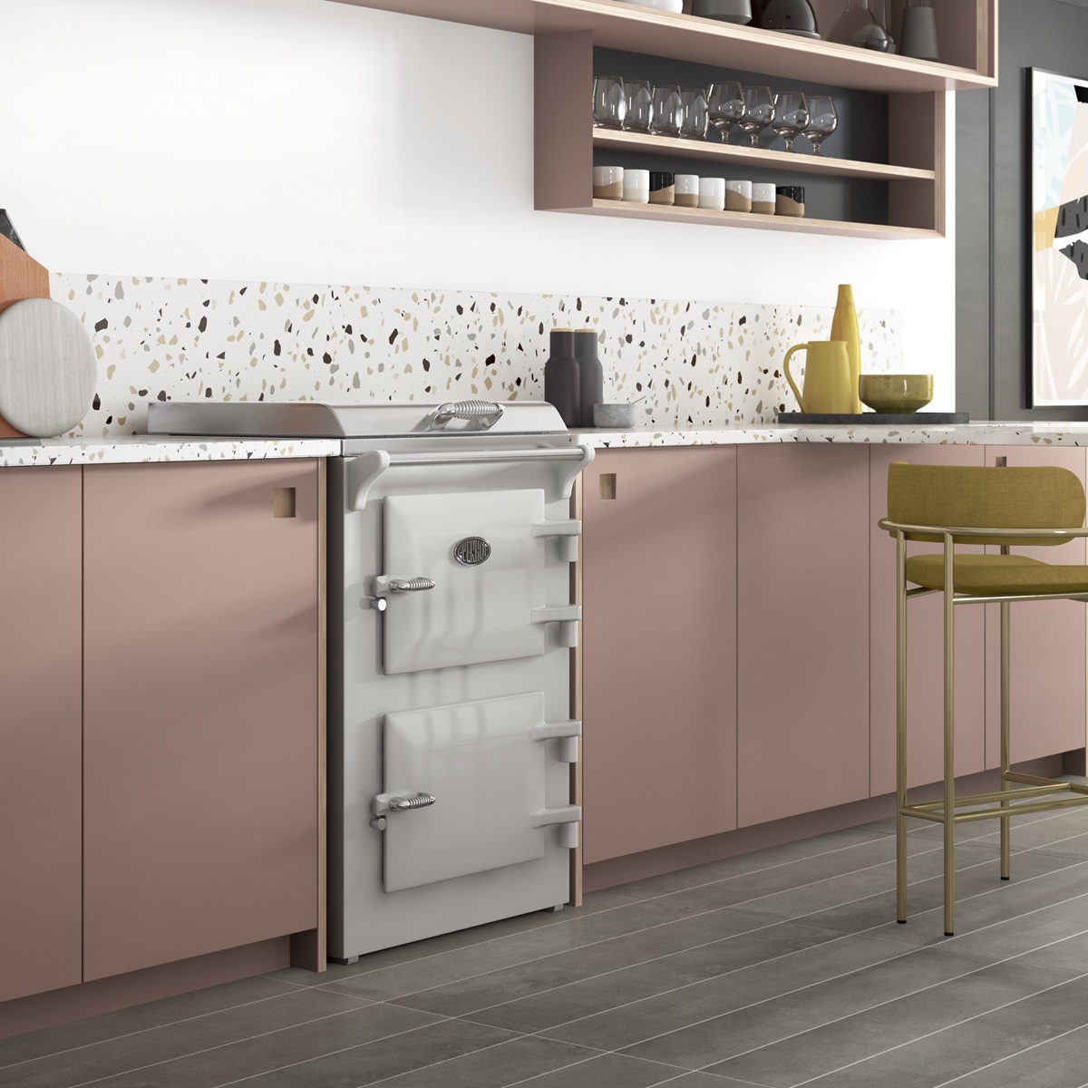 Everhot60DoveGrey-Square Everhot 60 in Dove Grey - Lifestyle image in vibrant pink kitchen.