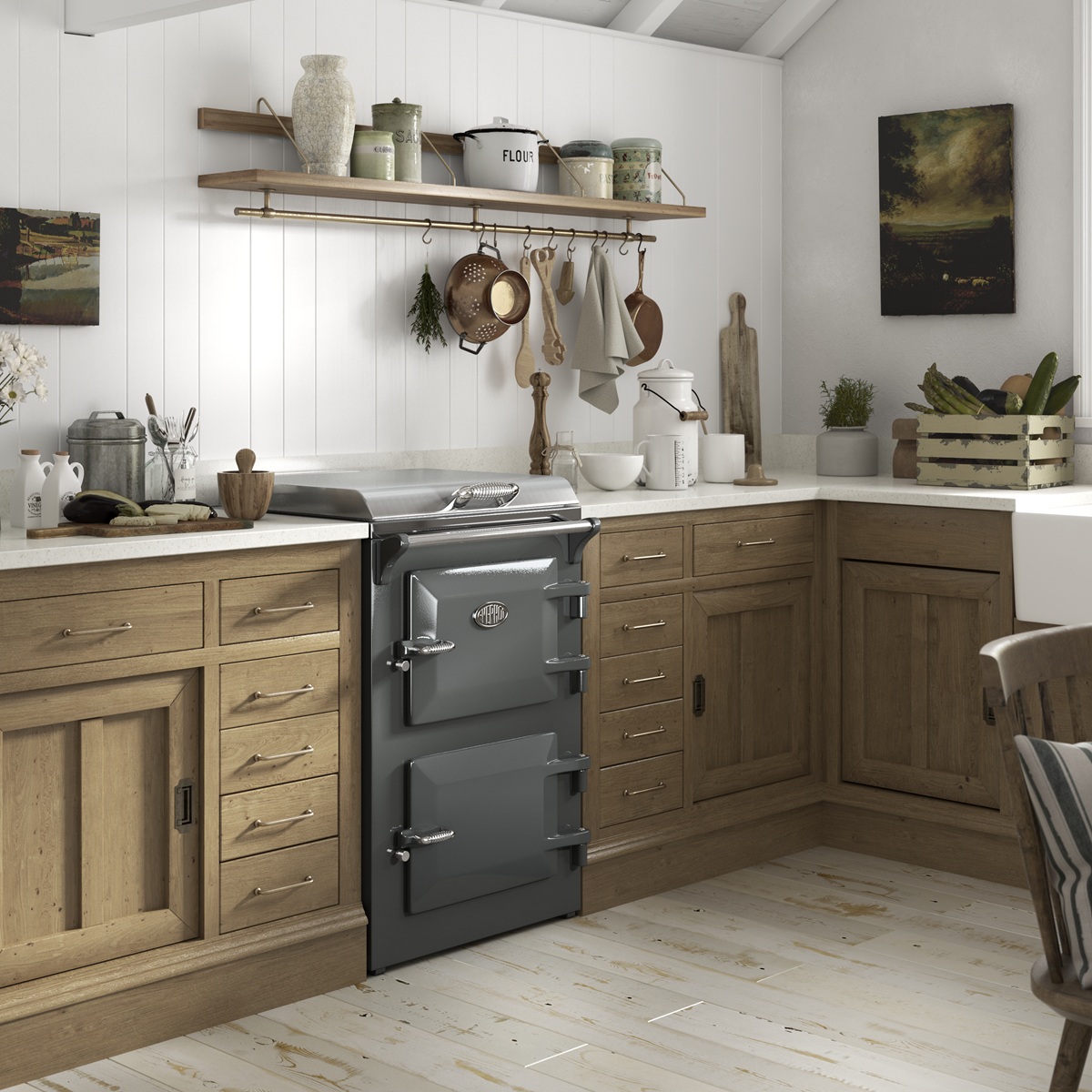 Everhot60Graphite-Square Everhot 60 in Graphite - Lifestyle image in rustic wooden kitchen.