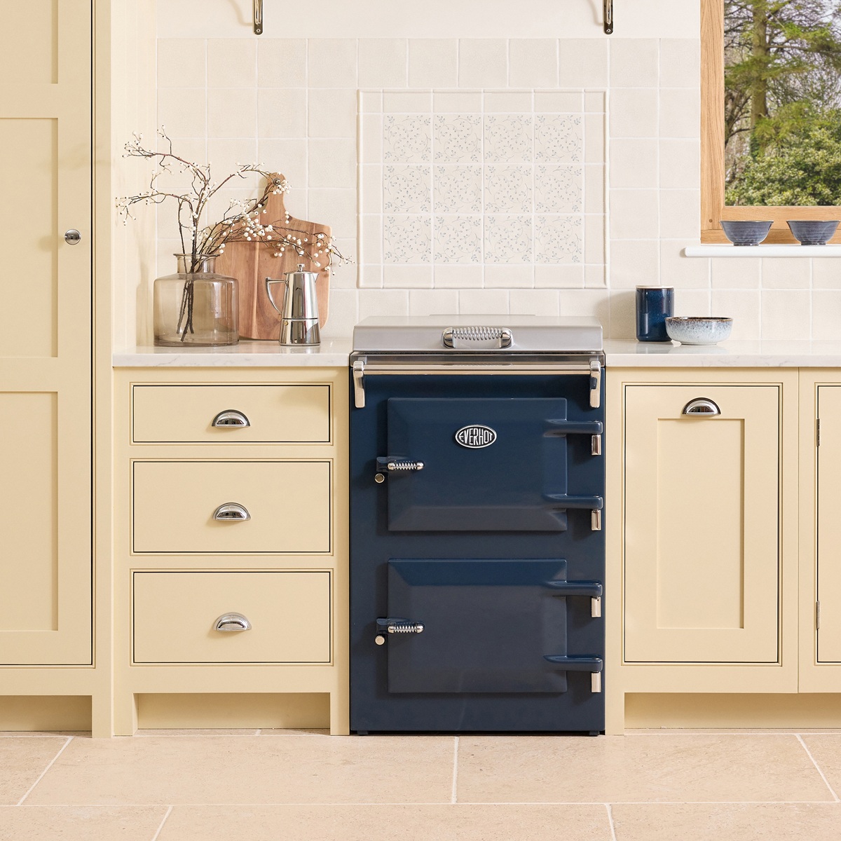Everhot60MarineBlue-Square Everhot 60 in Marine Blue - Lifestyle image in modern cream kitchen.