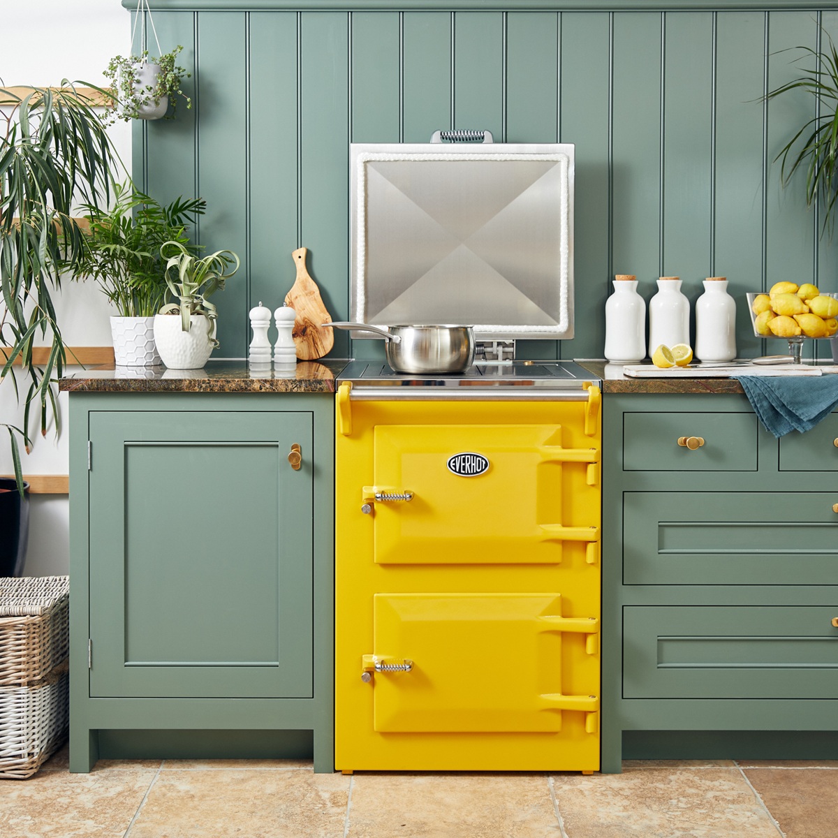 Everhot60MustardYellow-Square Everhot 60 in Mustard Yellow - Lifestyle image in green coloured kitchen.