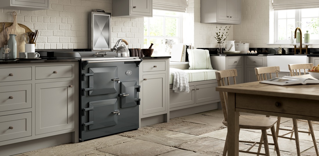 Everhot 90i in Graphite - Lifestyle image in muted countryside kitchen.