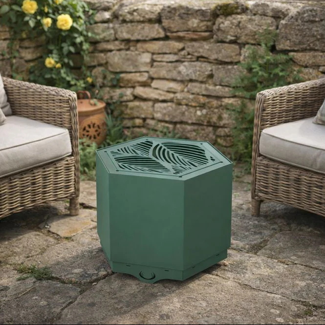 Hex_large_smokeless_firepit_lifestyle.jpg Hunter Hex Pollen Smokeless fire pit in green in patio setting