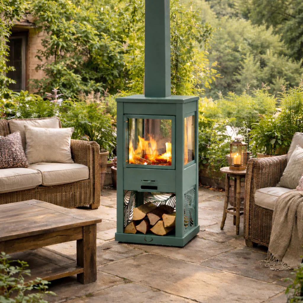 Hive_Wood_Burning_Garden_Stove_4_Sided_Glass_Green.png Hunter Pollen Hive Outdoor stove in Green outside in garden setting