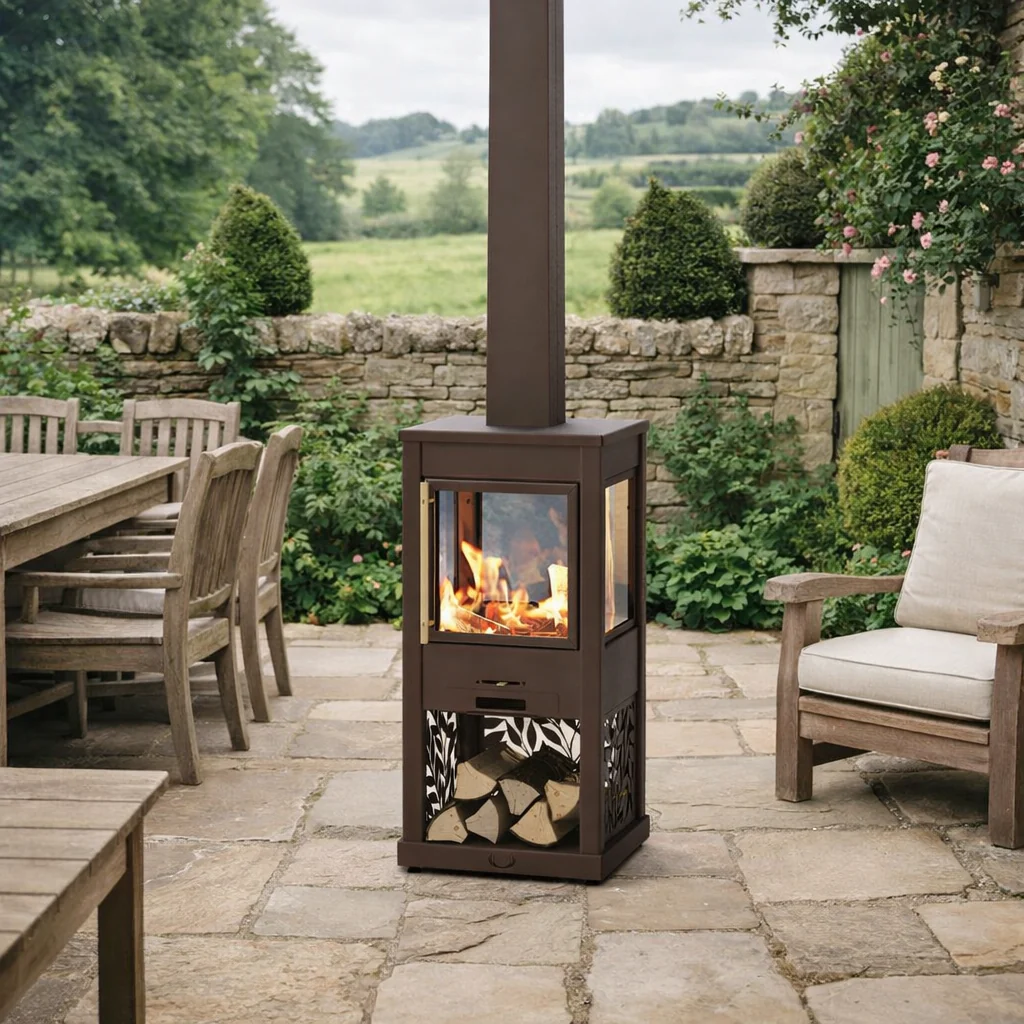 Hive_Wood_Burning_Patio_Heater_Brown_Brass_Handle.png Hunter Pollen Hive Outdoor stove in Bronze outside in garden setting
