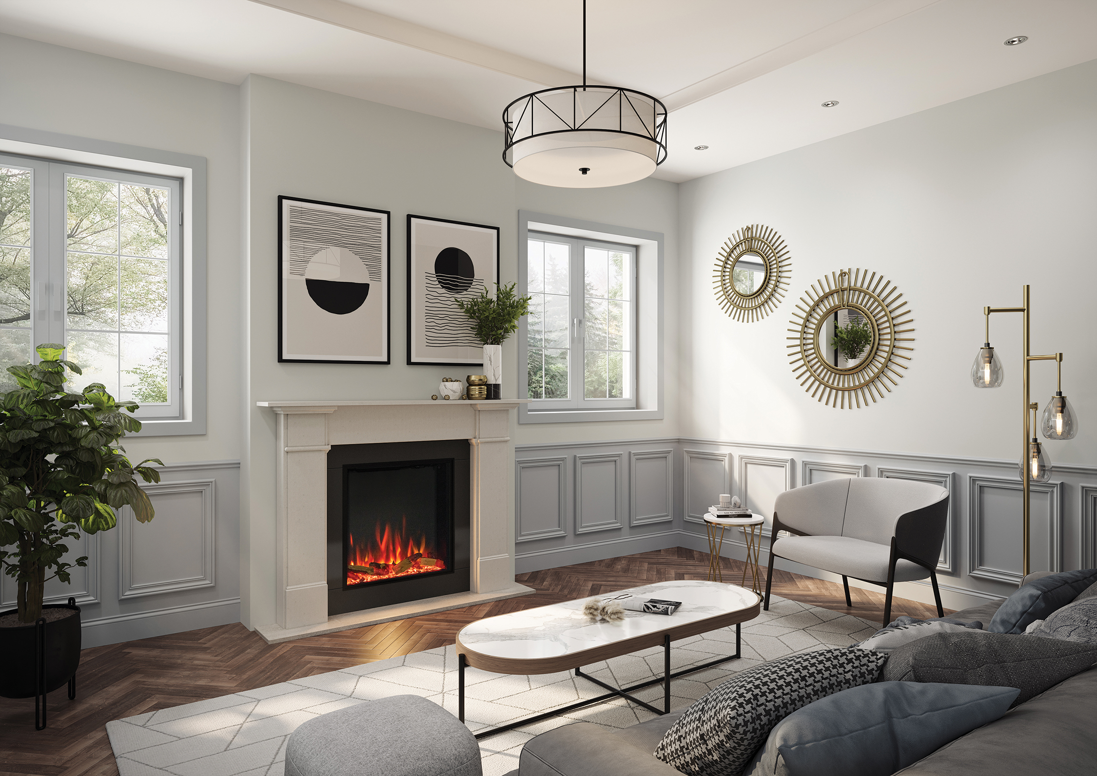 eStudio 60R with Oak log-effect and Claremont Limestone Mantel_EB036