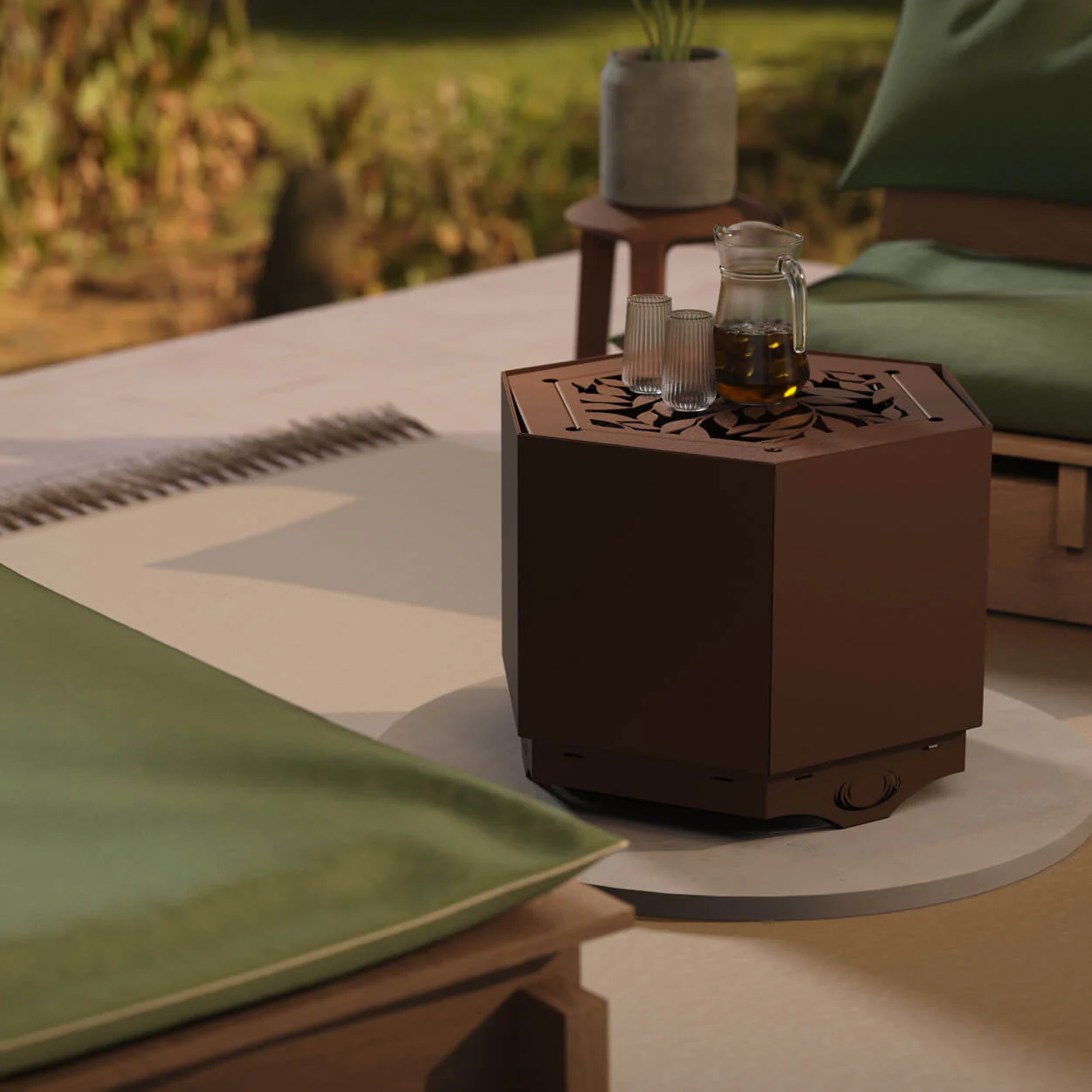 hex-firepit-table-patio-crop.jpg Hunter Pollen Hex in Brown in garden setting