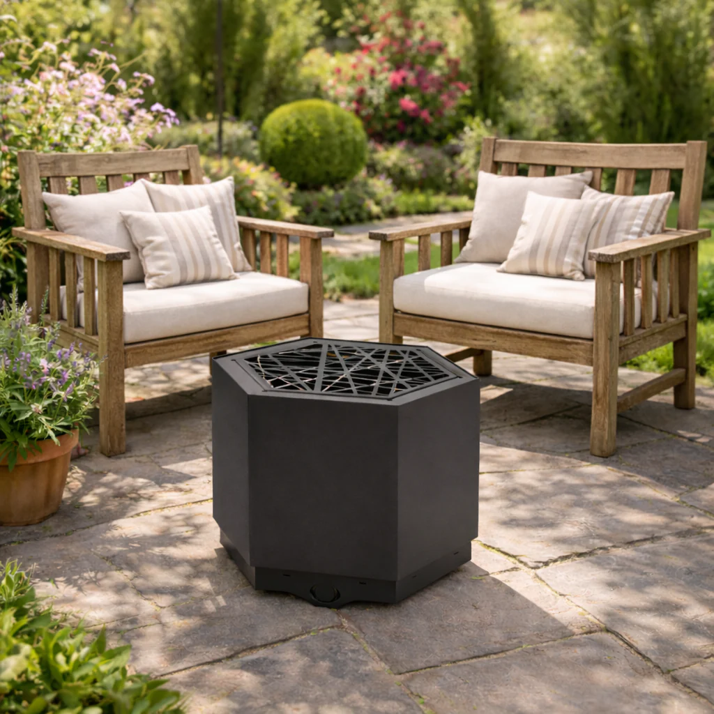 hex_large_garden_smokeless_firepit_patio_heater_black.png Pollen by Hunter Stoves - Hex Large Smokeless Fire Pit in Black in garden setting