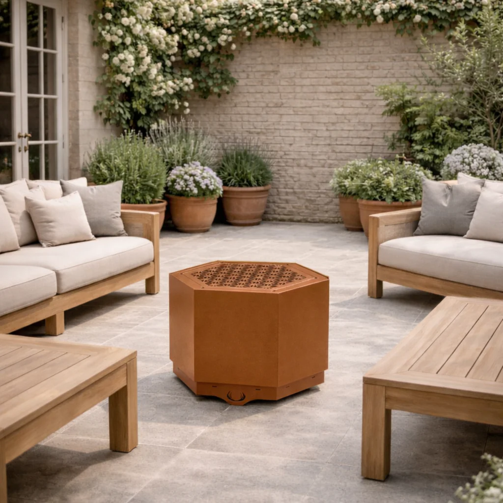 hex_smokeless_fire_pit_large_rust_starburst_patio_heater.png Pollen by Hunter Stoves - Hex Large Smokeless Fire Pit in Rust in garden setting