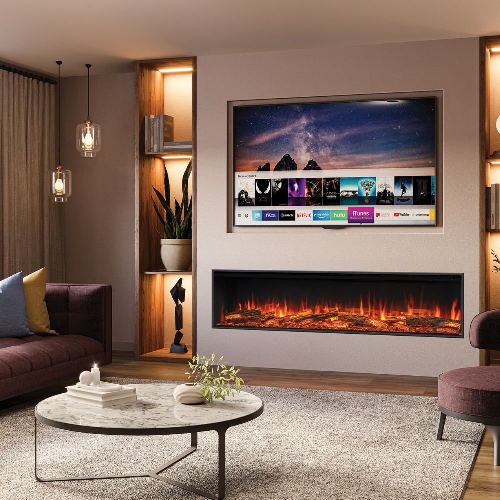 Avita 190rw electric from stove onyx in media wall setting