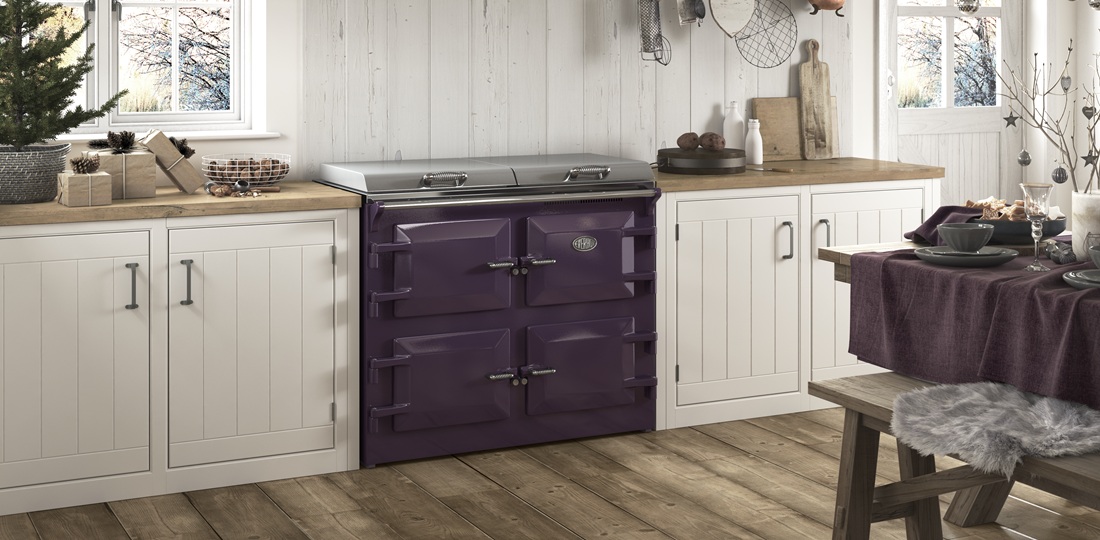 Everhot 110+ in Aubergine - Electric Range Cooker - Lifestyle image in an open kitchen setting.