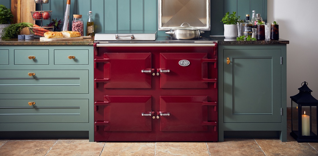 Everhot 110+ in Burgundy - Electric Range Cooker - Lifestyle image in an open kitchen setting.