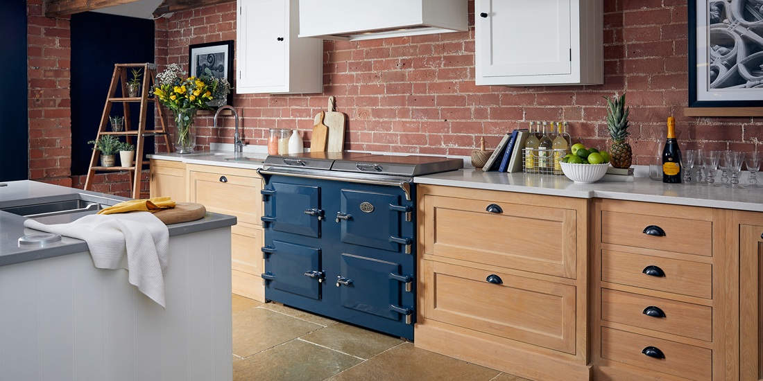 Everhot 120+ in Marine Blue - Electric Range Cooker - Landscape lifestyle image in a neutral wood kitchen setting.