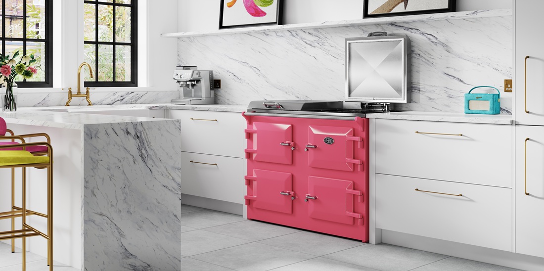 Everhot 120i in Fandango Pink - Electric Range Cooker - Landscape lifestyle image.