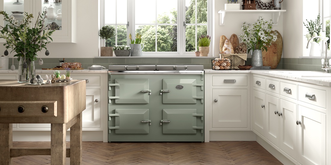 Everhot 120i in Sage - Electric Range Cooker - Lifestyle image in a country kitchen setting.