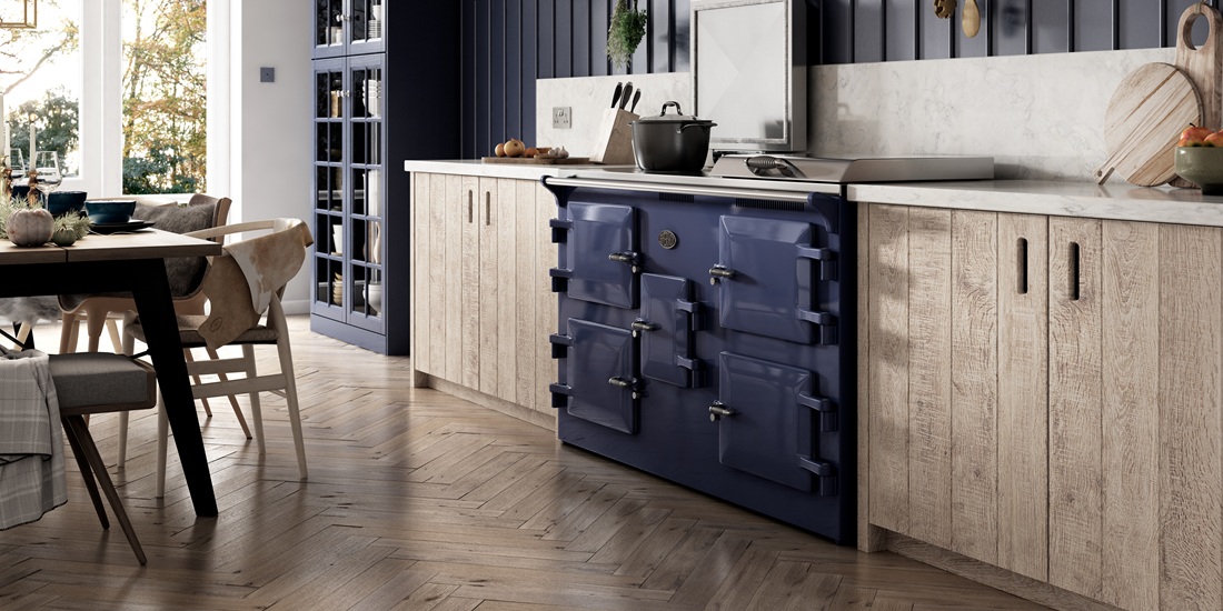 Everhot 150+ Elecrtic Range Cooker in Marine Blue - Lifestyle image in a light wood kitchen setting.