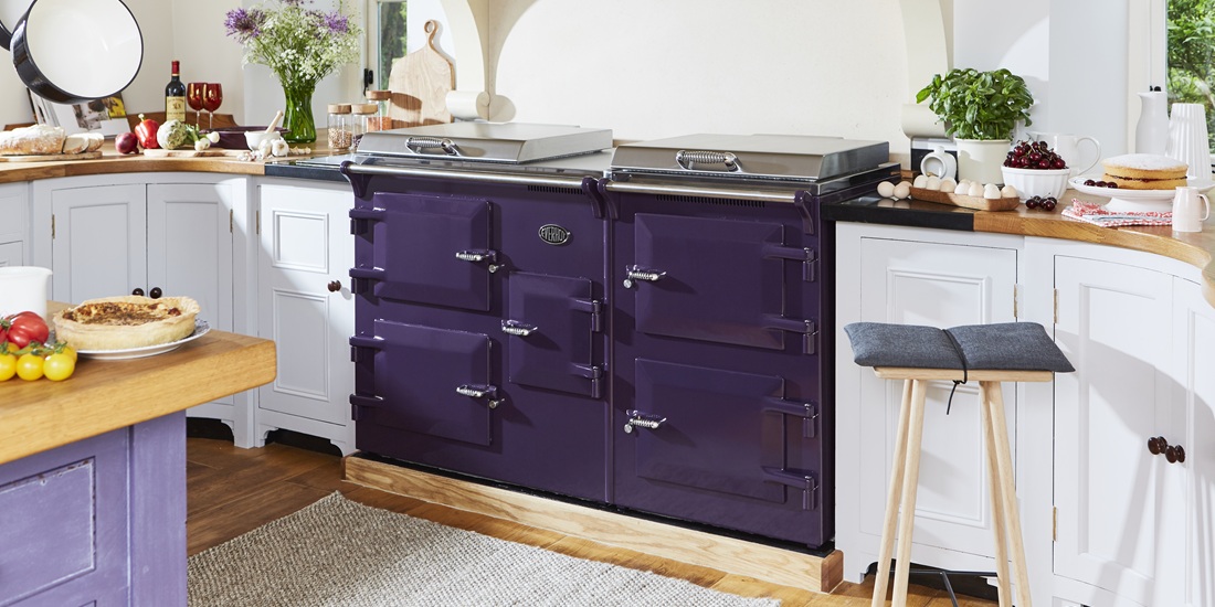 Everhot 150i Electric Range Cooker in Aubergine - Landscape lifestyle image in a traditional farmhouse kitchen setting