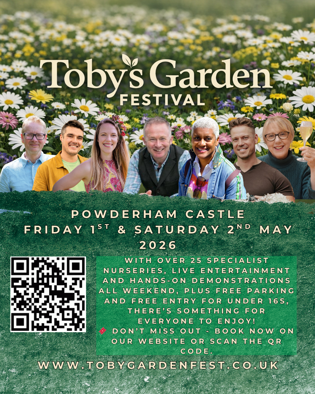 Toby's Garden Festival promotional advertisement with QR code to book tickets