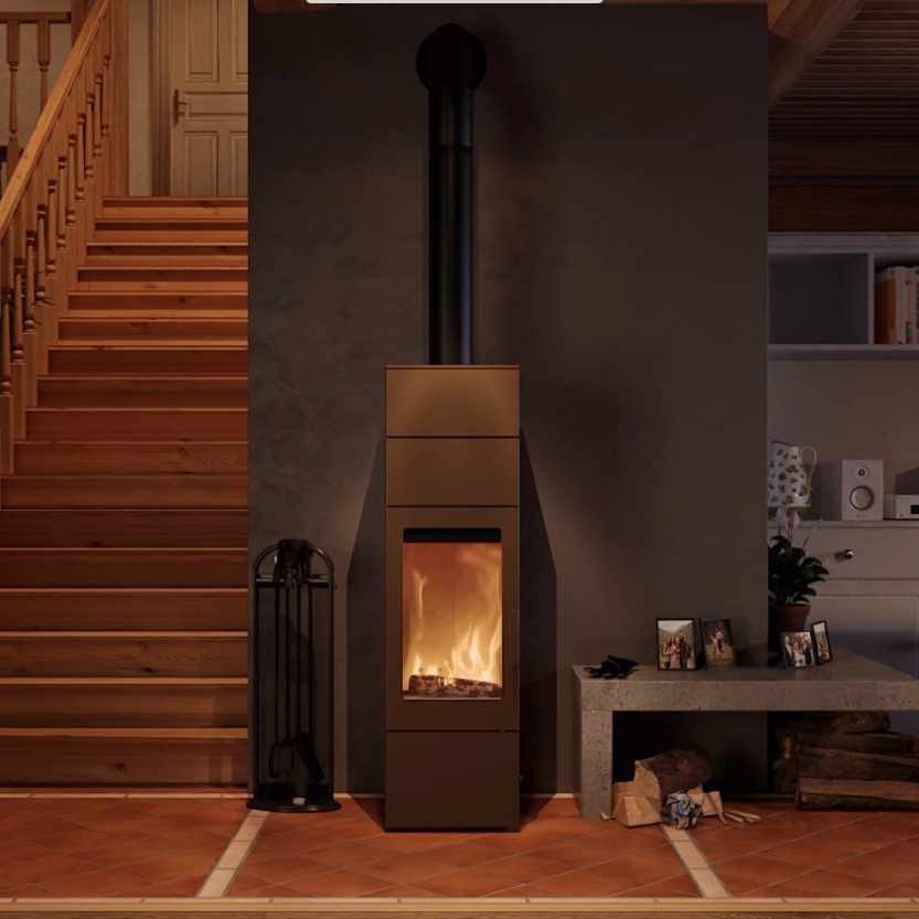 Blaze Element 04 Q2 wood-burning stove in Pearl Beige - Night View Lifestyle Image