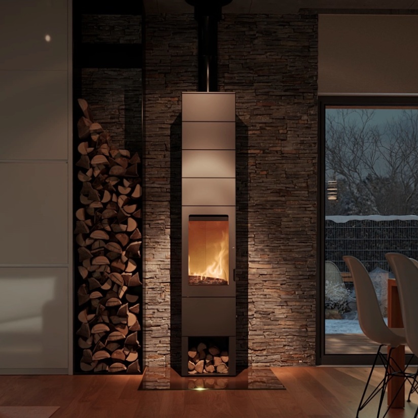 Blaze Element 04 Q4+ wood-burning stove in Silver Grey - Night View Lifestyle Image
