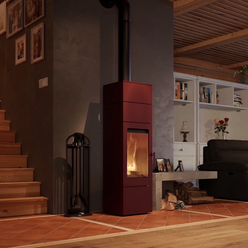 Blaze Element 04 V2 wood-burning stove in Red Brown - Night View Lifestyle Image