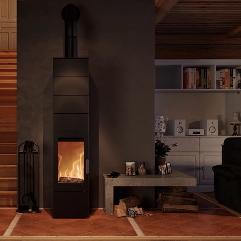 Blaze Element 04 V4 wood-burning stove in Anthracite - Night View Lifestyle Image