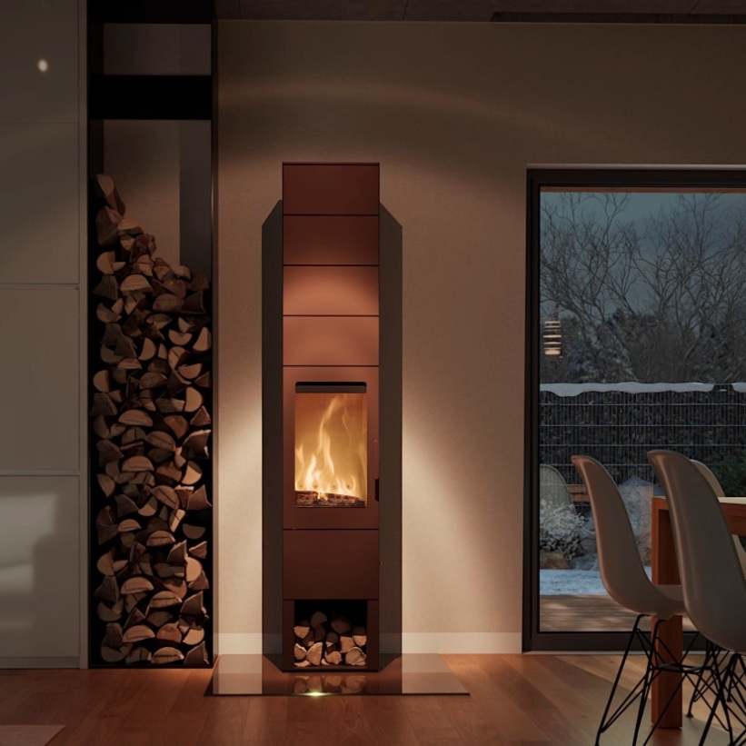Blaze Element 04 V4+ wood-burning stove in Pearl Brown - Night View Lifestyle Image
