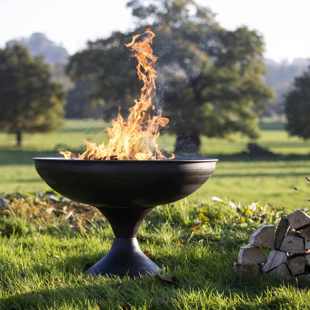 Wine Glass Fire Pit 70cm with Half Moon BBQ Grill Rack Plate & Bar - Lifestyle Image